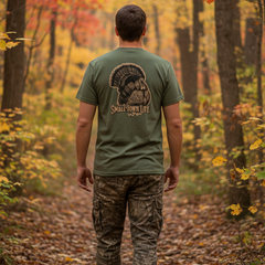 Green t-shirt with a turkey graphic and 'Small Town Life' text on the back
